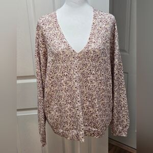 Loft Floral V-Neck Sweater XL in Cream, Mauve, Yellow